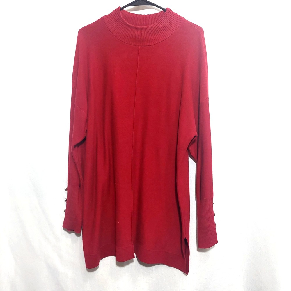 Anne Klein Womens Large Red Tunic‎ Sweater Mock Neck Button Accent Sleeves Slit